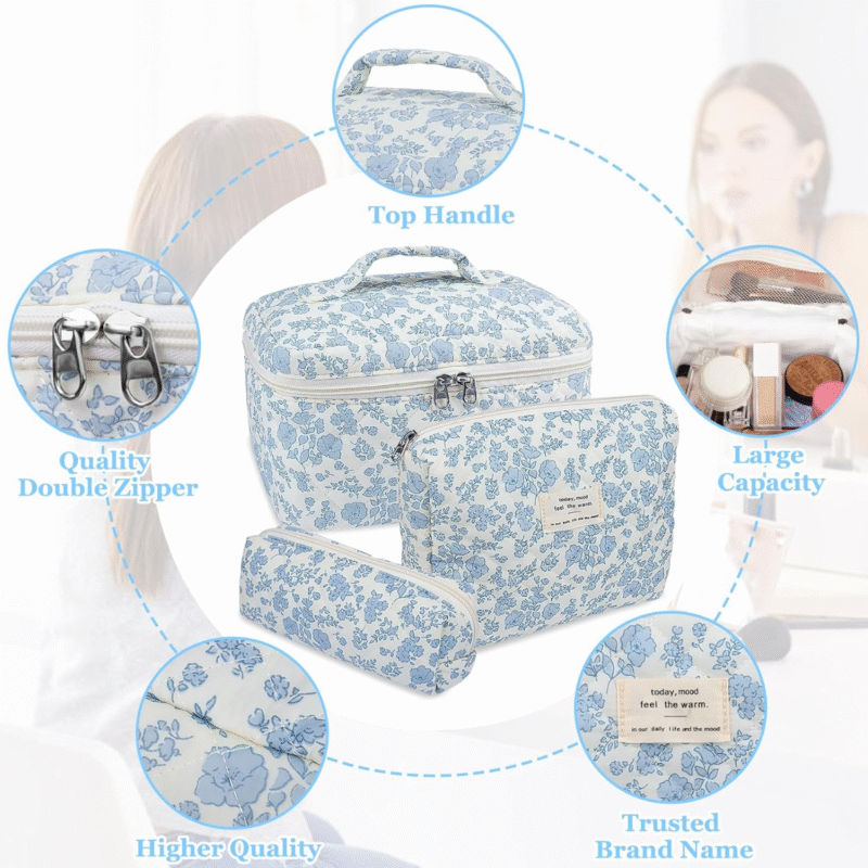Makeup Bag, Large Quilted Cosmetic Bag with Floral Design